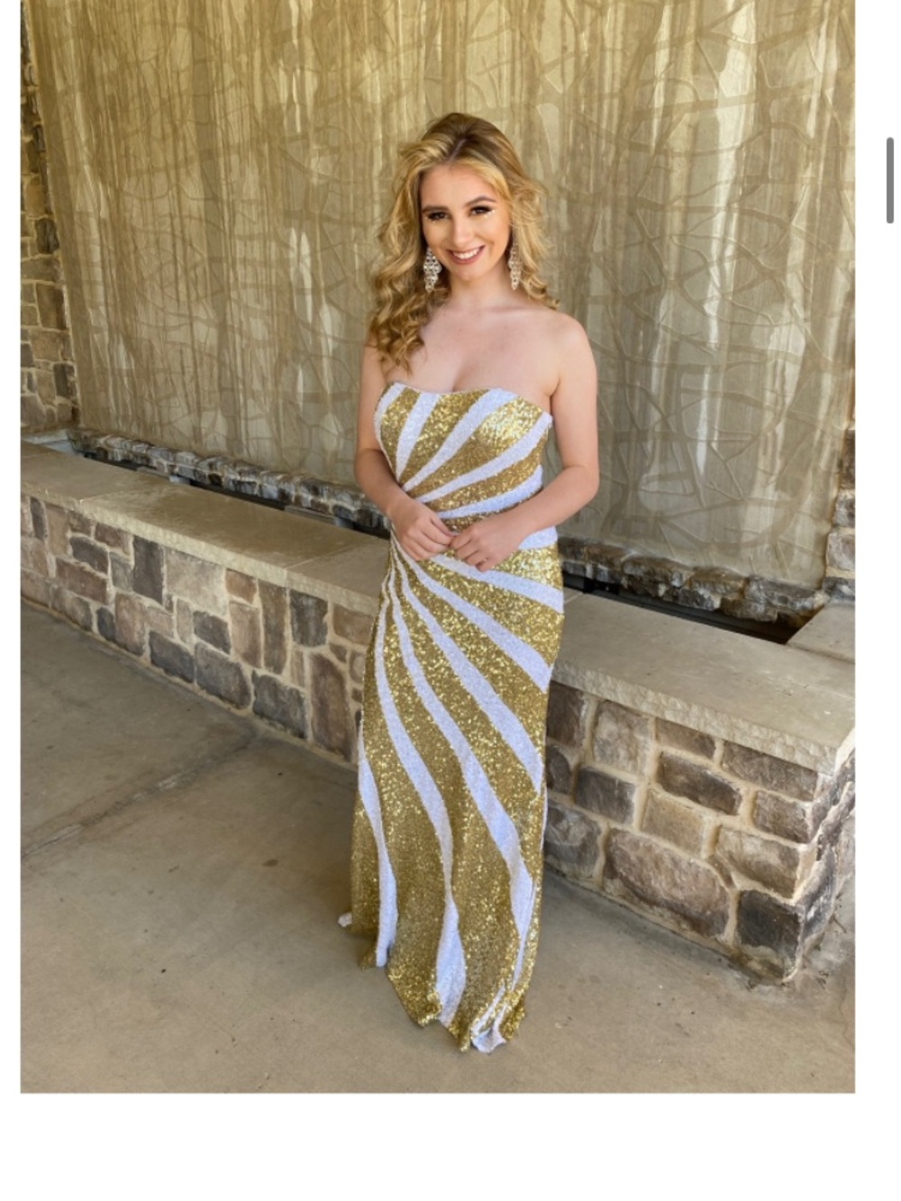 La Femme Strapless Gold and White Sequin Column Gown